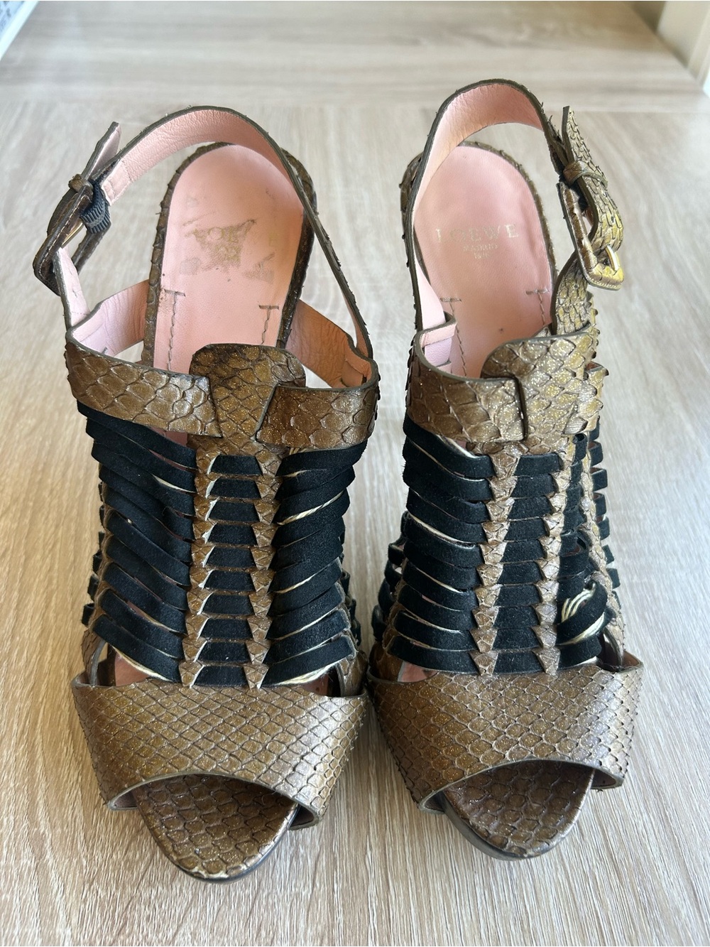 LOEWE Metallic Bronze & Black Woven Leather Slingback Sandals Y2K